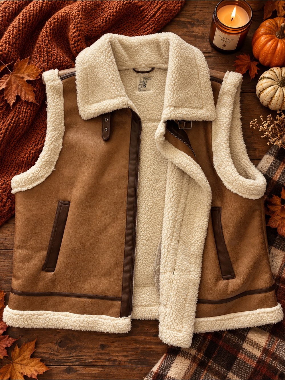 Altar’d State Brown Faux Suede Sherpa Moto Vest XL